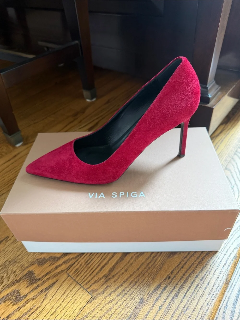 Via Spiga “Nikole” Ruby Red Suede Pointed-Toe Stiletto Pumps Sz 9 (box incl.)
